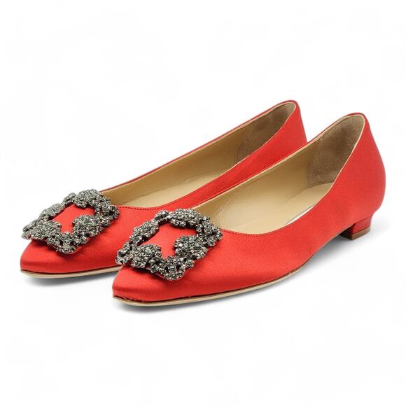 Manolo Blahnik Shoes - Manolo Blahnik Hangisiflat Jewel Buckle Flat Pumps - Satin - Red 35 5US $1095